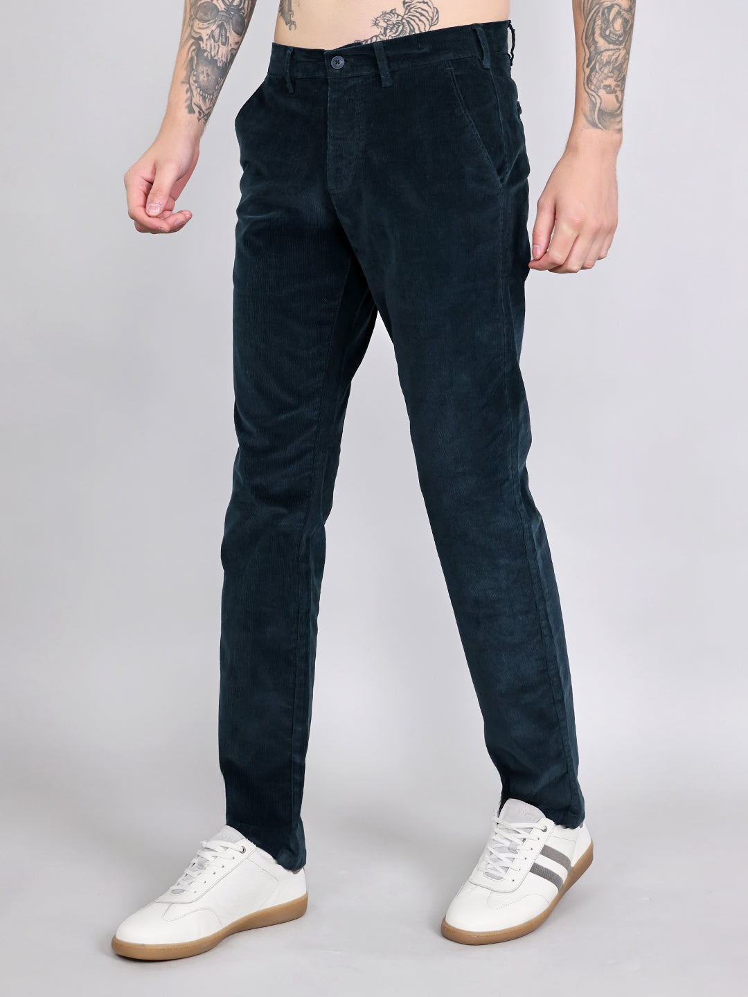 Men Navy Blue Solid Slim Fit Trouser