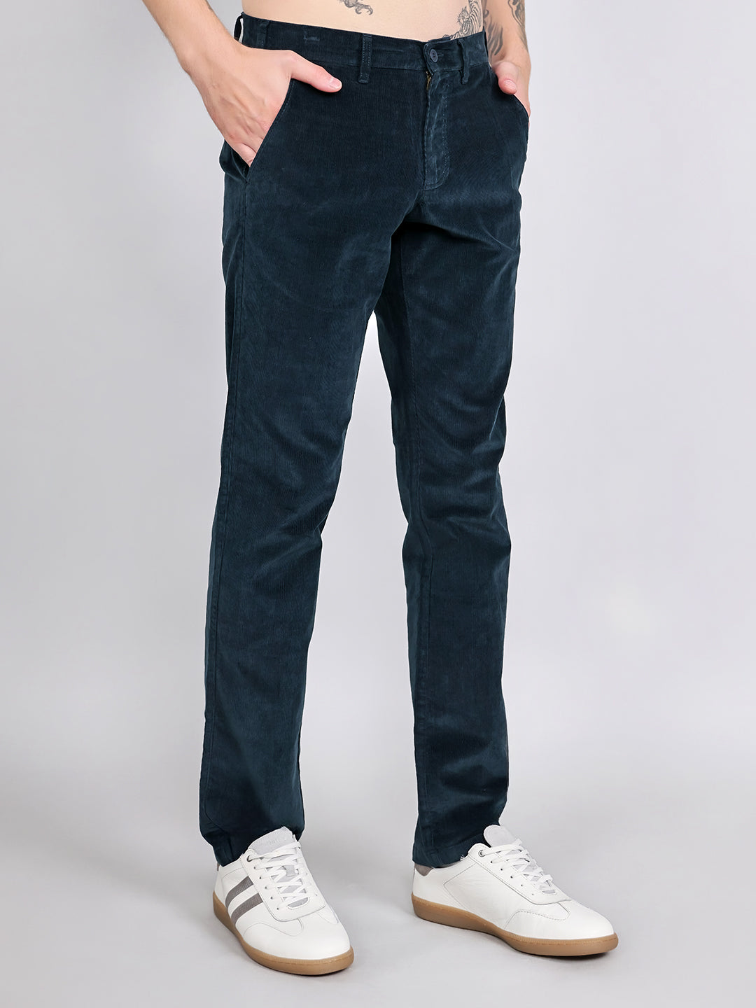 Men Navy Blue Solid Slim Fit Trouser