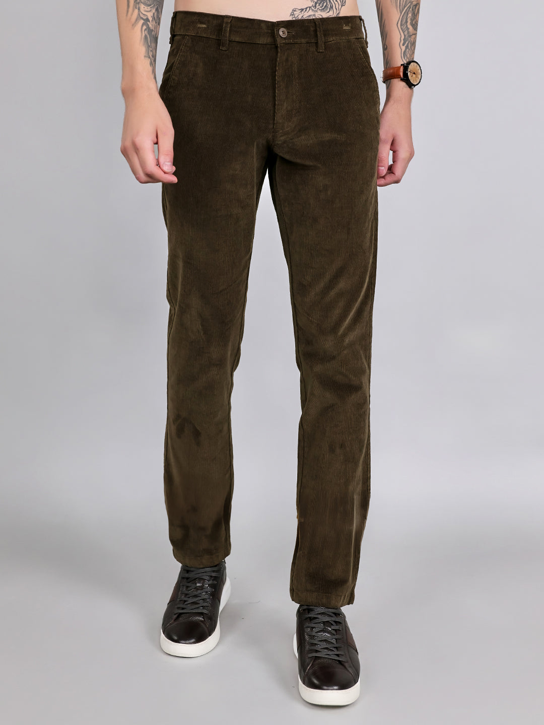 Men Olive Solid Slim Fit Trouser