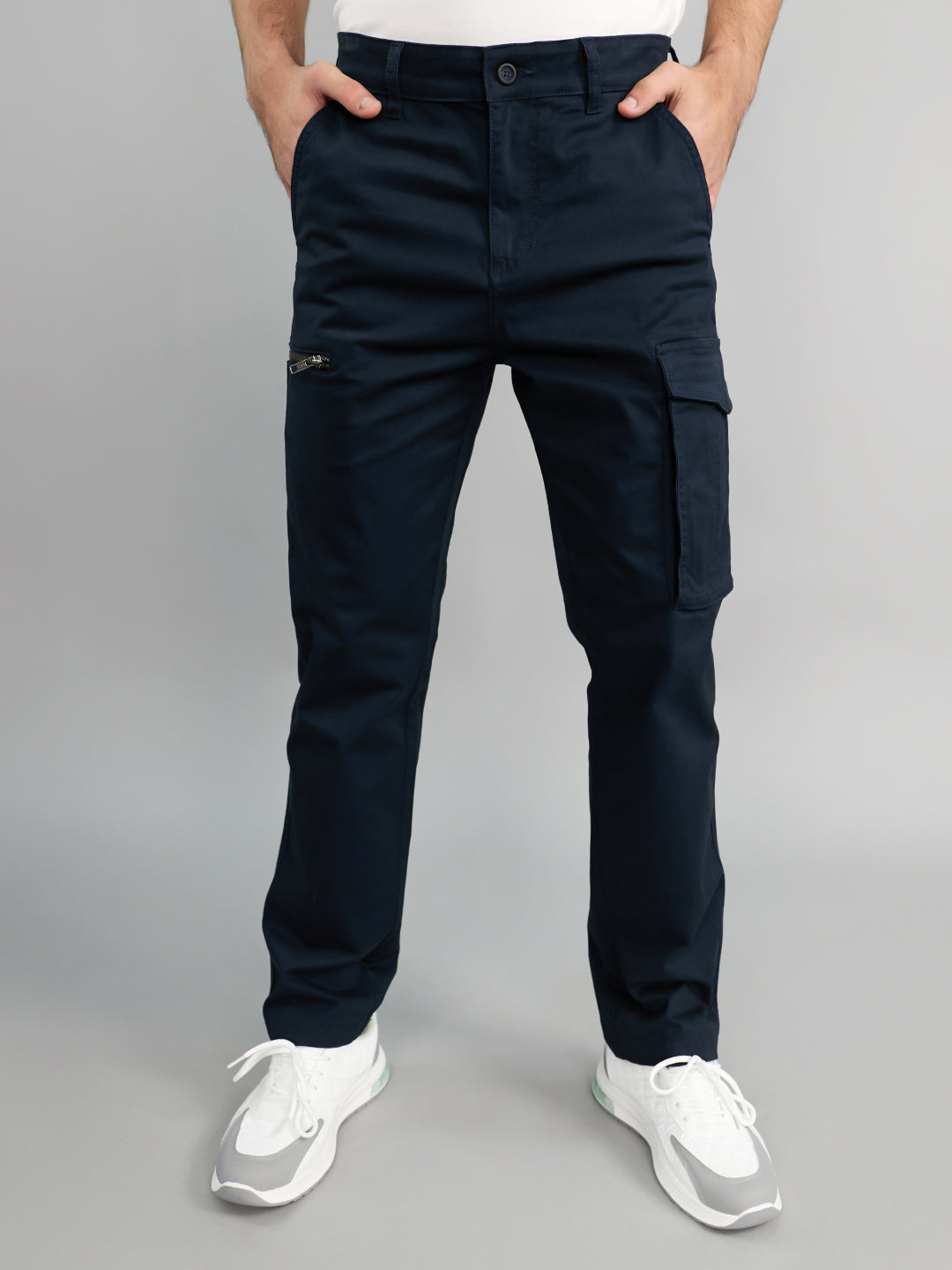 Men Navy Blue Solid Regular Fit Cargo