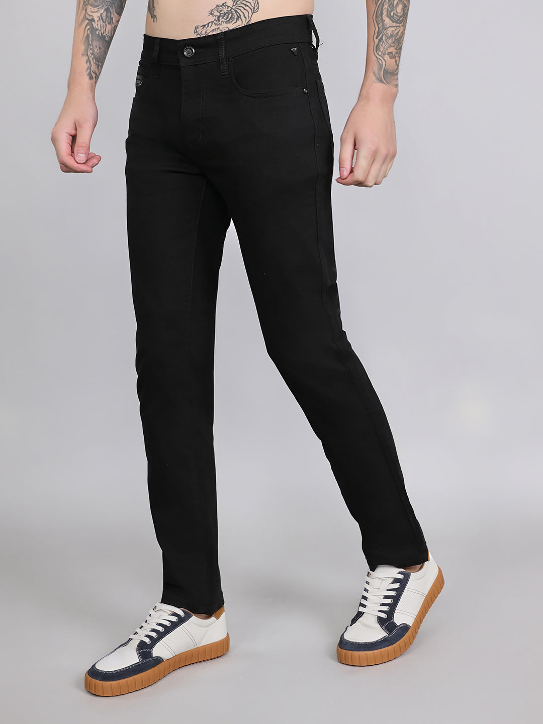 Men Black Light Wash Narrow Fit Denim