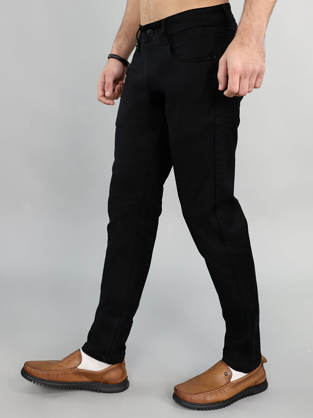 Men Black Light Wash Narrow Fit Denim