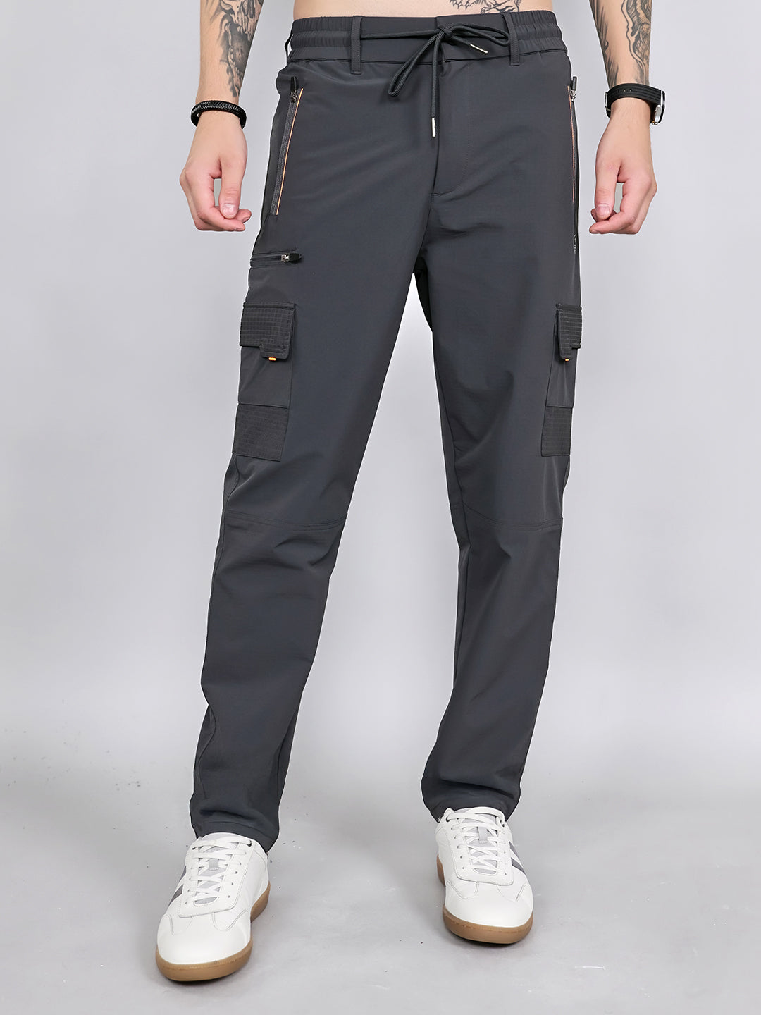Men Grey Solid Regular Fit Cargo