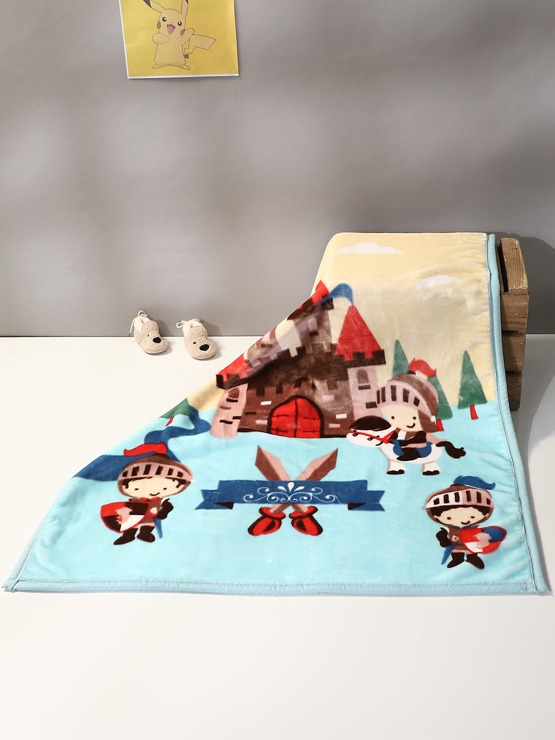 Cartoon Castle Printed Velvety Yellow and Blue Baby Blanket