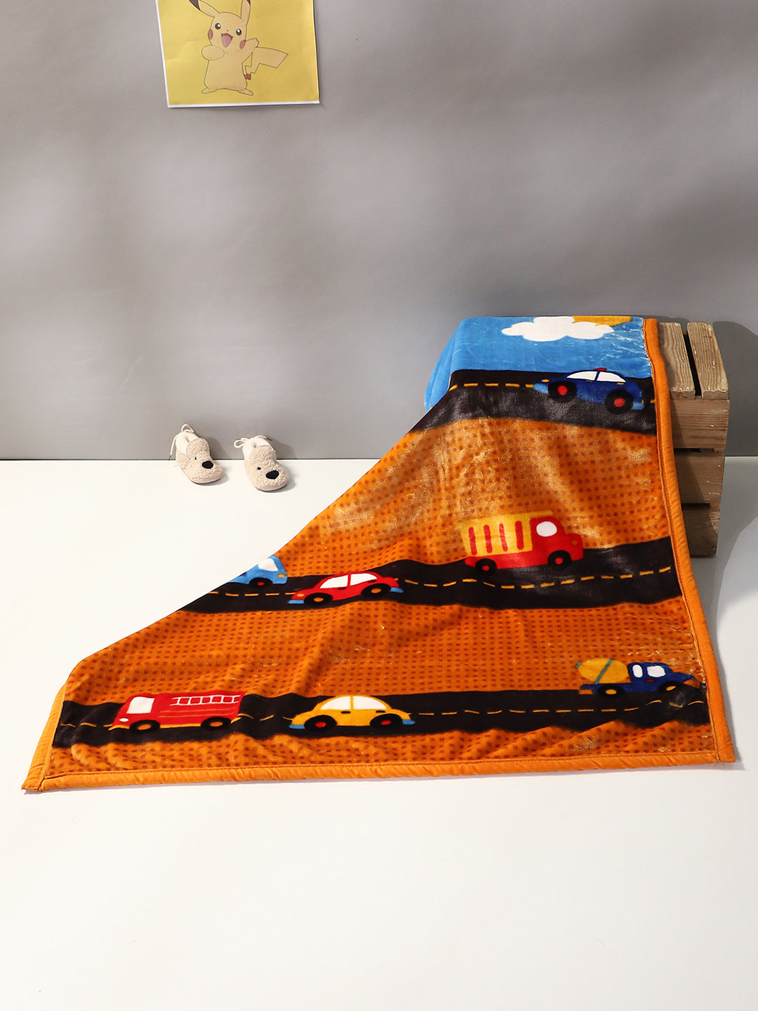 Cartoon Cars Printed Plush Orange Baby Blanket