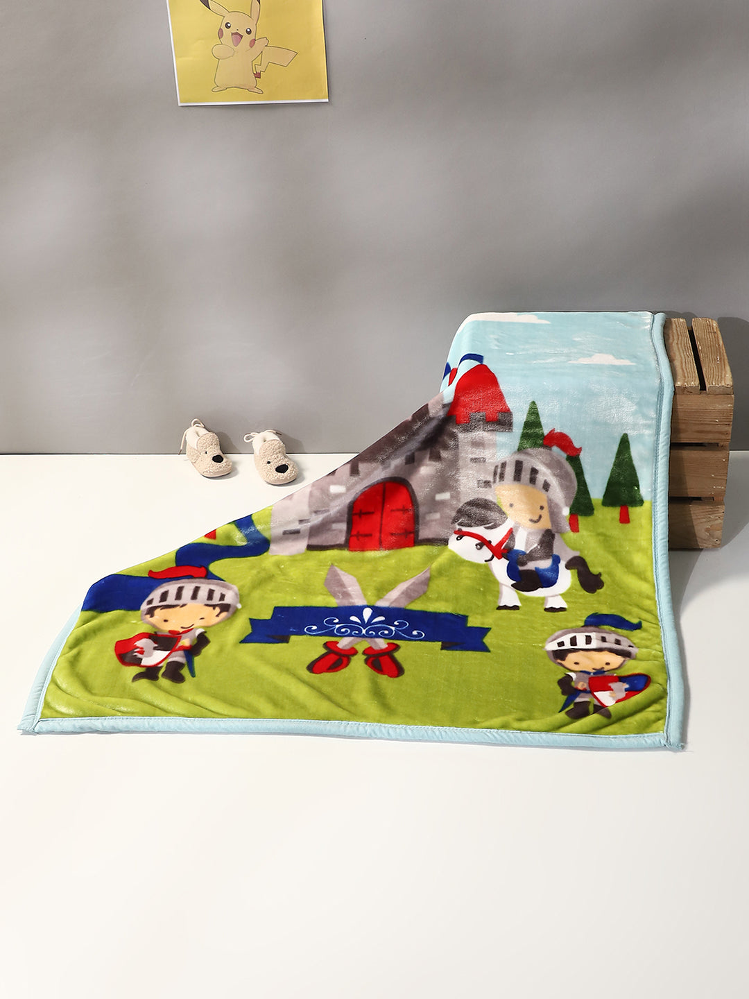 Cartoon Castle Printed Plush Blue and Green Baby Blanket