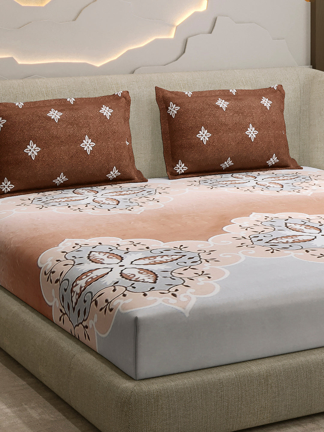 144 TC Cotton Double Bed 1 Fitted Bedsheet with 2 Pillow Cover (Solstice)