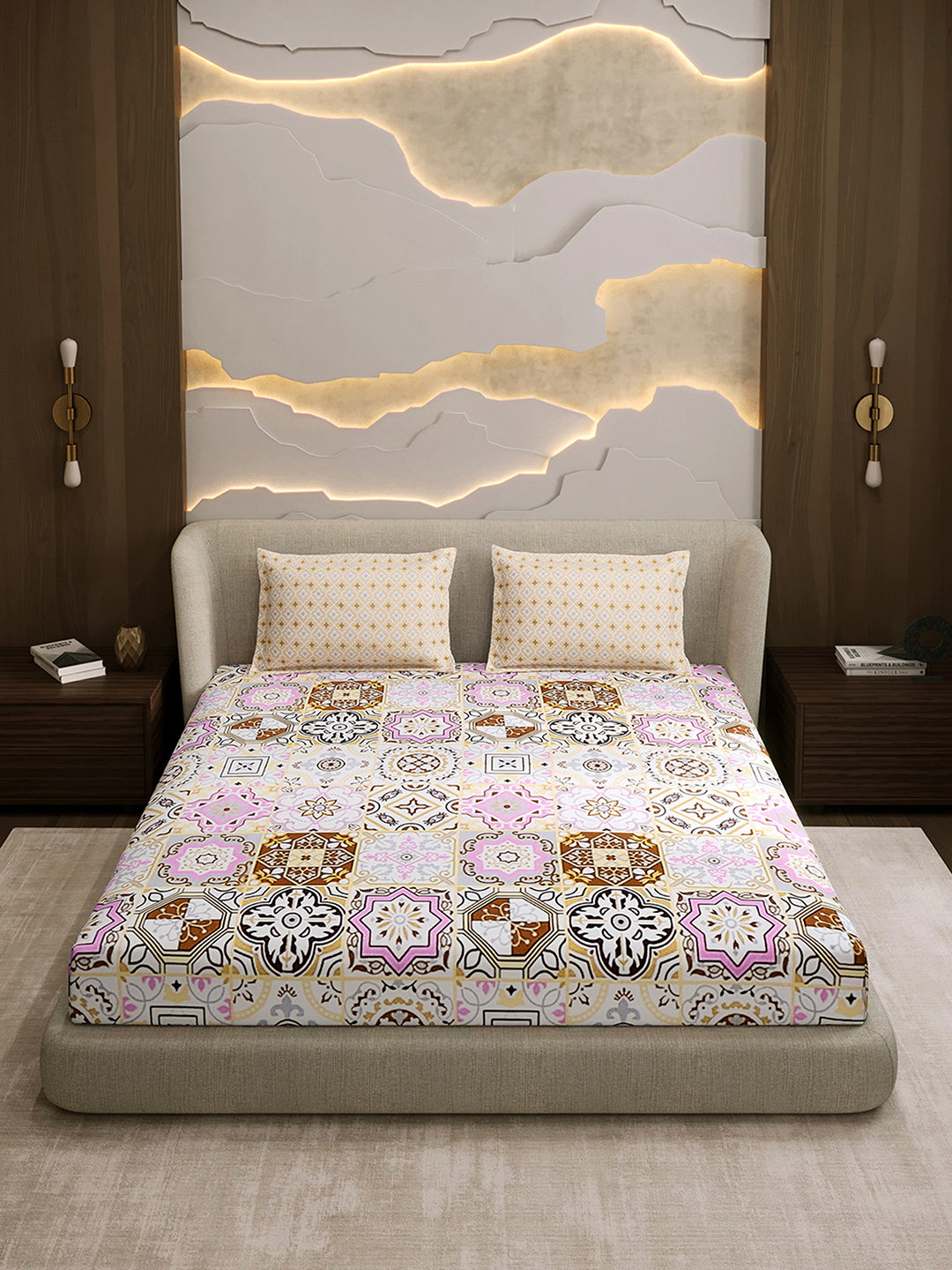 144 TC Cotton Double Bed 1 Fitted Bedsheet with 2 Pillow Cover (Solstice)
