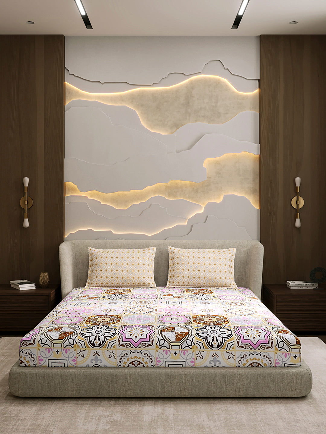 144 TC Cotton Double Bed 1 Fitted Bedsheet with 2 Pillow Cover (Solstice)