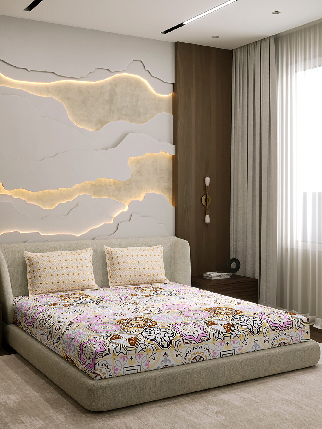 144 TC Cotton Double Bed 1 Fitted Bedsheet with 2 Pillow Cover (Solstice)