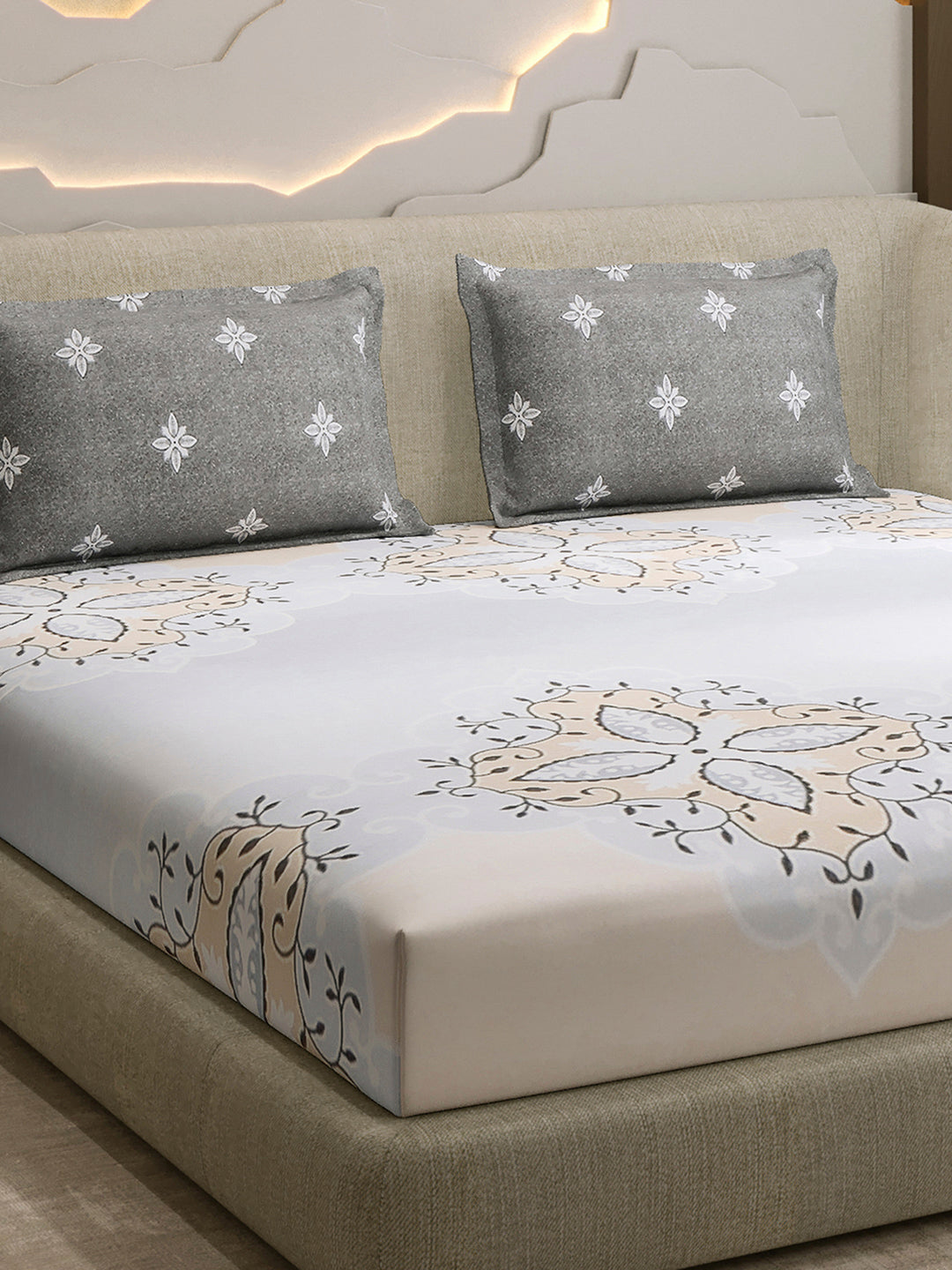 144 TC Cotton Double Bed 1 Fitted Bedsheet with 2 Pillow Cover (Solstice)