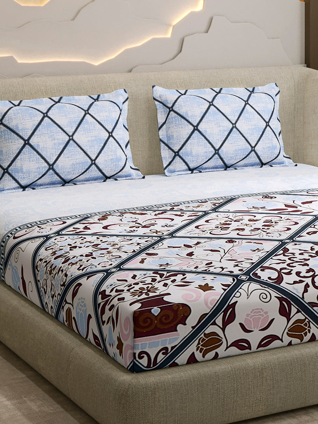 144 TC Cotton Double Bed 1 Fitted Bedsheet with 2 Pillow Cover (Solstice)