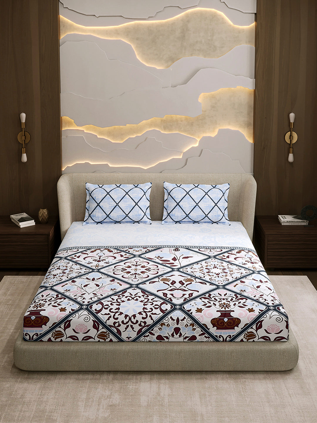 144 TC Cotton Double Bed 1 Fitted Bedsheet with 2 Pillow Cover (Solstice)