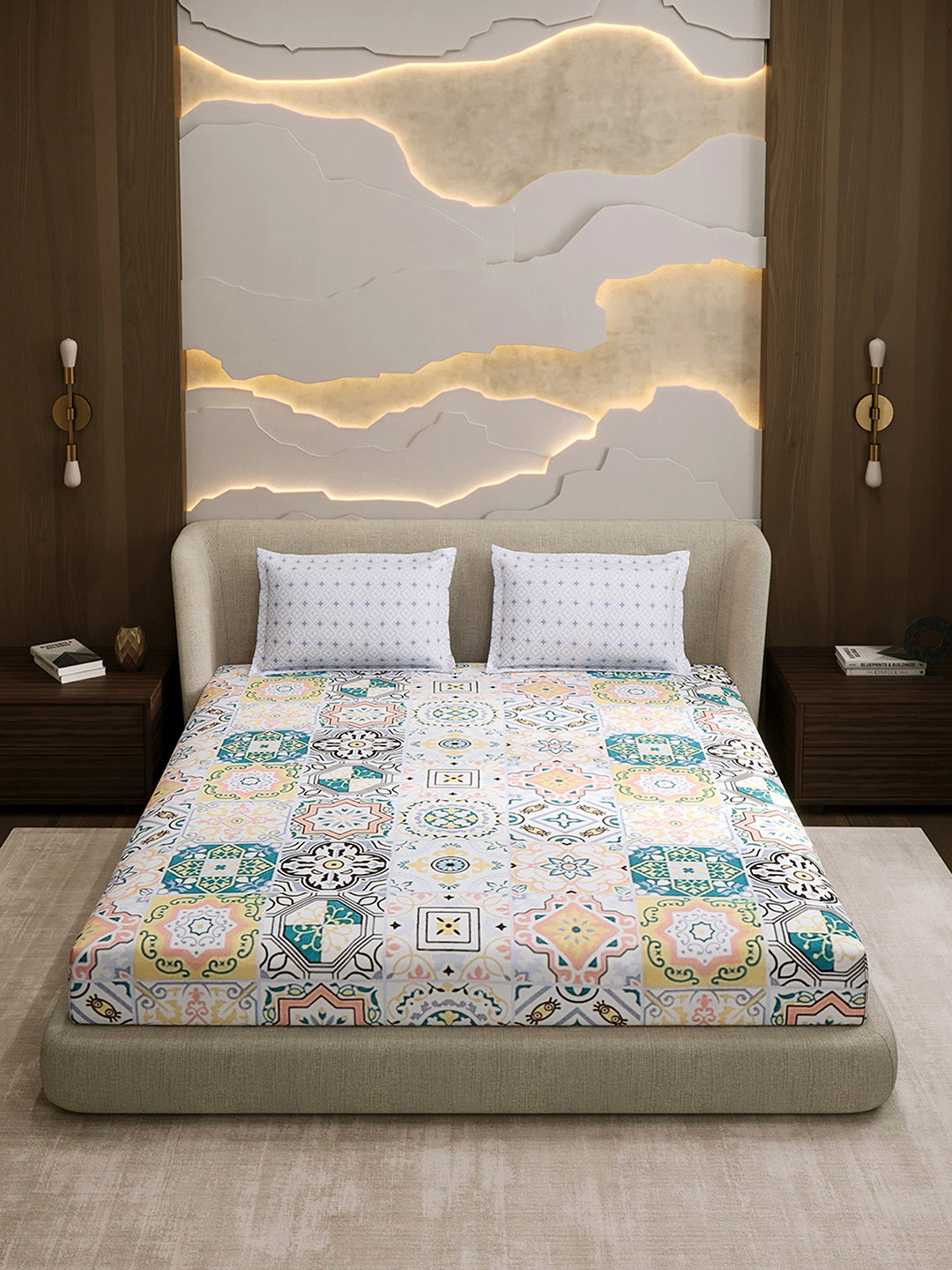 144 TC Cotton Double Bed 1 Fitted Bedsheet with 2 Pillow Cover (Solstice)