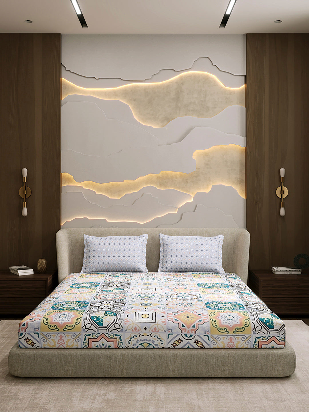 144 TC Cotton Double Bed 1 Fitted Bedsheet with 2 Pillow Cover (Solstice)