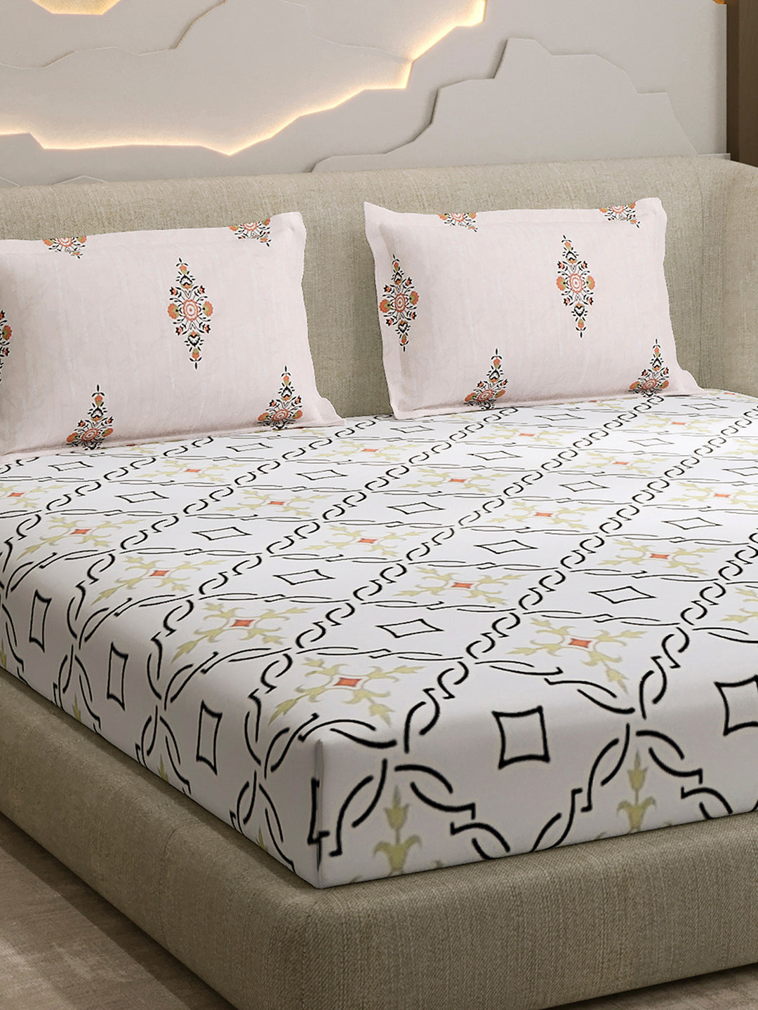 144 TC Cotton Double Bed 1 Fitted Bedsheet with 2 Pillow Cover (Solstice)