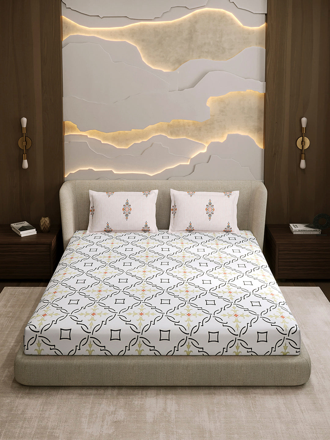 144 TC Cotton Double Bed 1 Fitted Bedsheet with 2 Pillow Cover (Solstice)