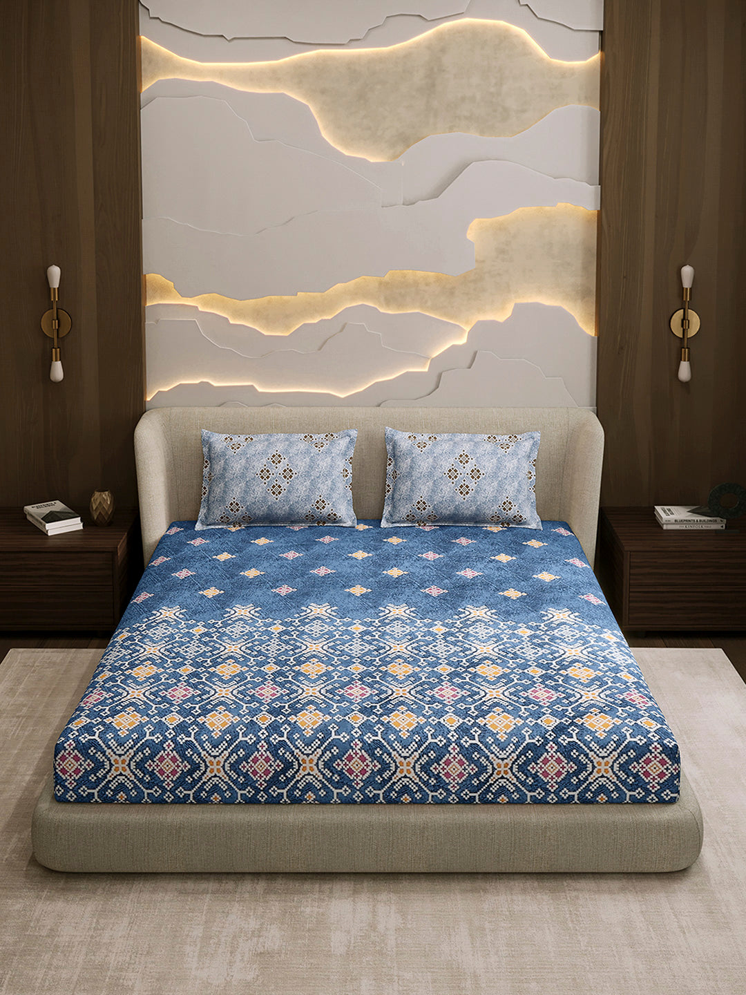 144 TC Cotton Double Bed 1 Fitted Bedsheet with 2 Pillow Cover (Solstice)