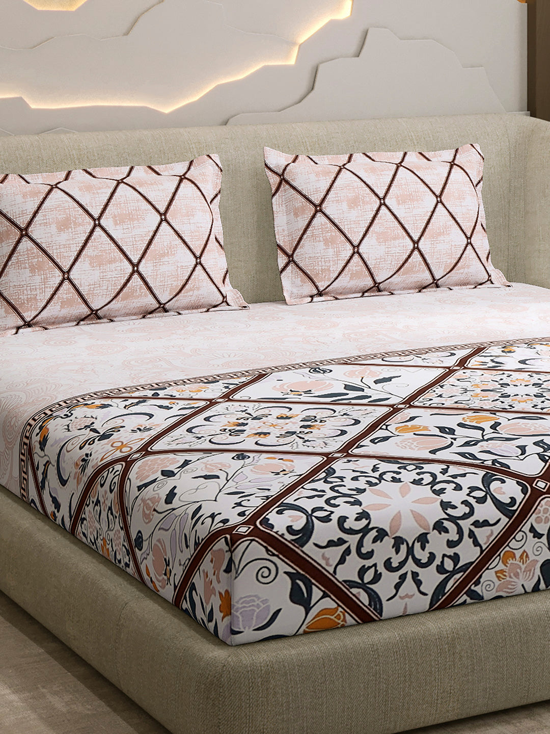 144 TC Cotton Double Bed 1 Fitted Bedsheet with 2 Pillow Cover (Solstice)