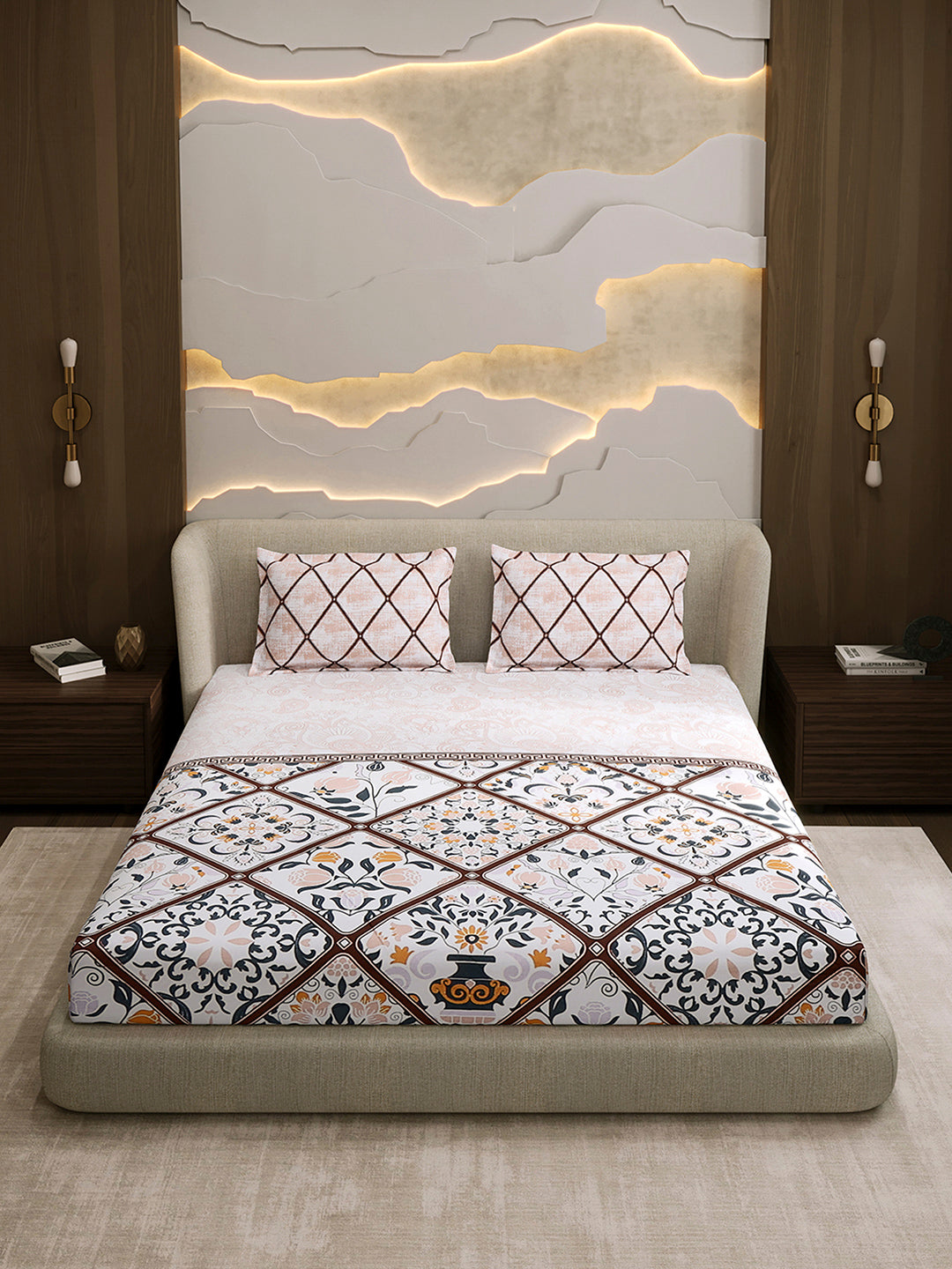 144 TC Cotton Double Bed 1 Fitted Bedsheet with 2 Pillow Cover (Solstice)