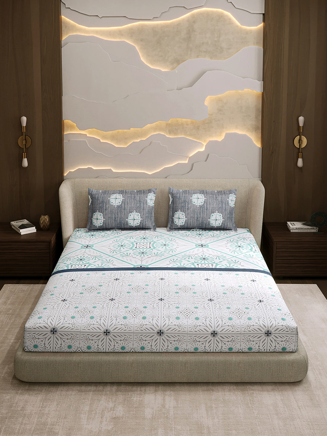 144 TC Cotton Double Bed 1 Fitted Bedsheet with 2 Pillow Cover (Solstice)