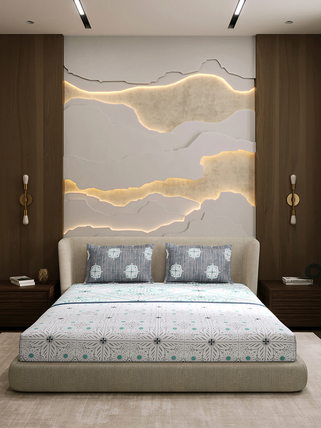 144 TC Cotton Double Bed 1 Fitted Bedsheet with 2 Pillow Cover (Solstice)