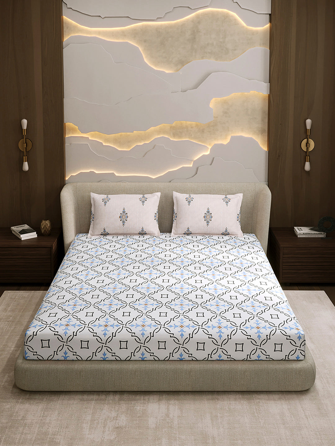 144 TC Cotton Double Bed 1 Fitted Bedsheet with 2 Pillow Cover (Solstice)