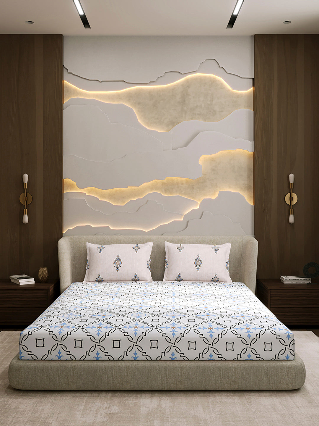 144 TC Cotton Double Bed 1 Fitted Bedsheet with 2 Pillow Cover (Solstice)