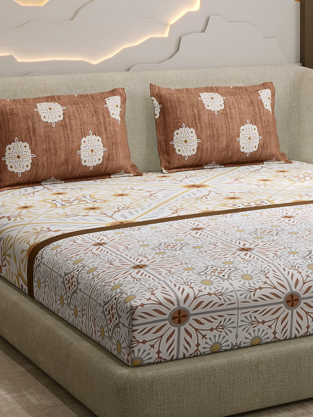 144 TC Cotton Double Bed 1 Fitted Bedsheet with 2 Pillow Cover (Solstice)