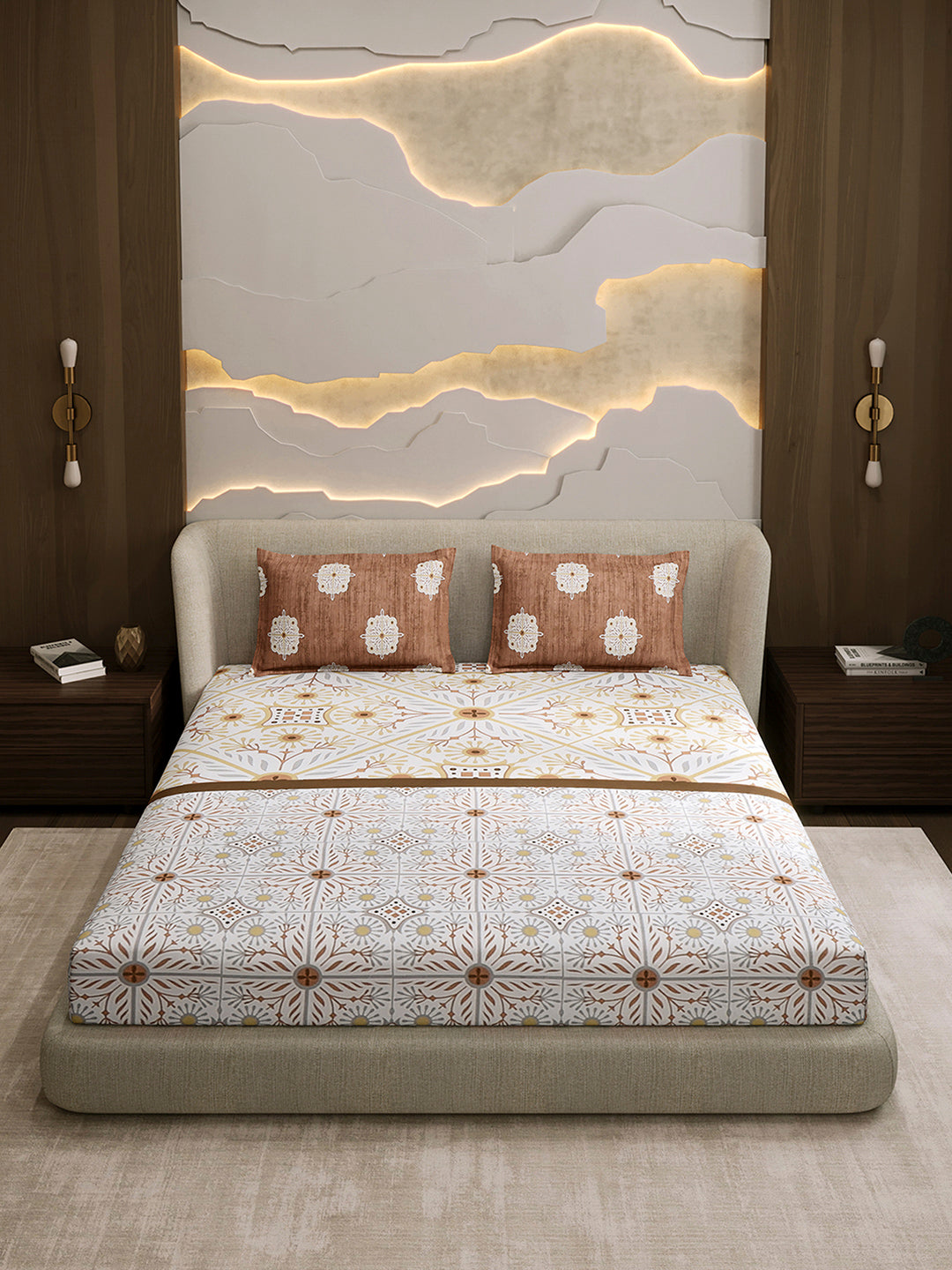 144 TC Cotton Double Bed 1 Fitted Bedsheet with 2 Pillow Cover (Solstice)