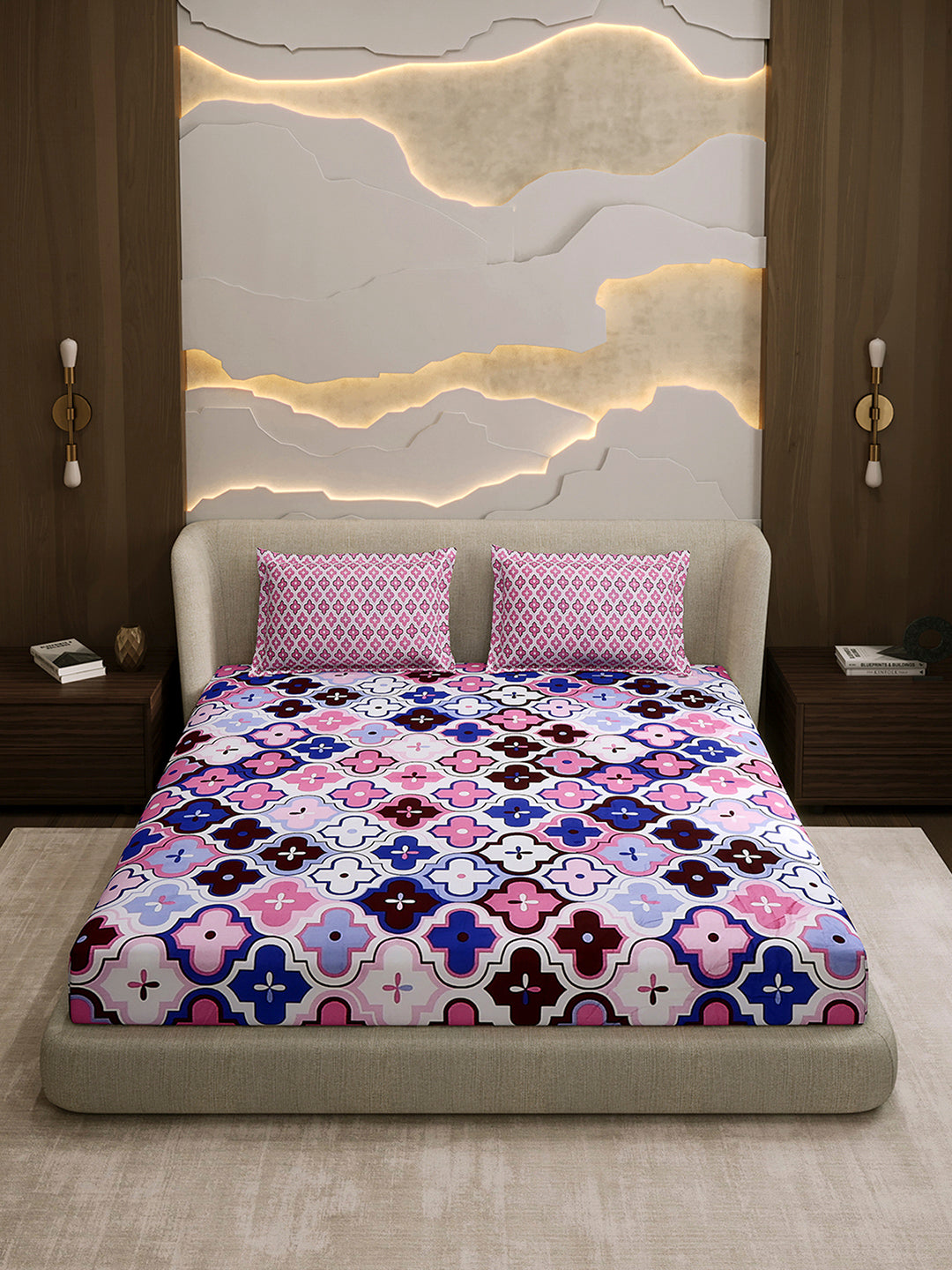 144 TC Cotton Double Bed 1 Fitted Bedsheet with 2 Pillow Cover (Solstice)