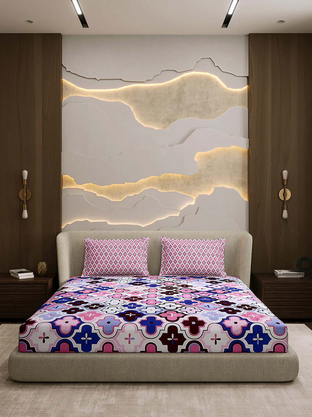 144 TC Cotton Double Bed 1 Fitted Bedsheet with 2 Pillow Cover (Solstice)