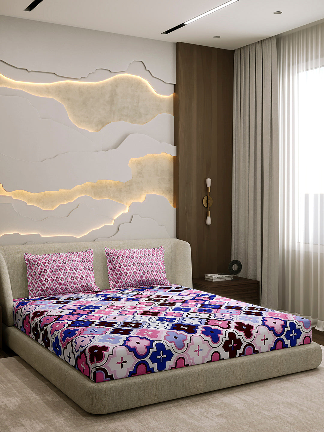 144 TC Cotton Double Bed 1 Fitted Bedsheet with 2 Pillow Cover (Solstice)