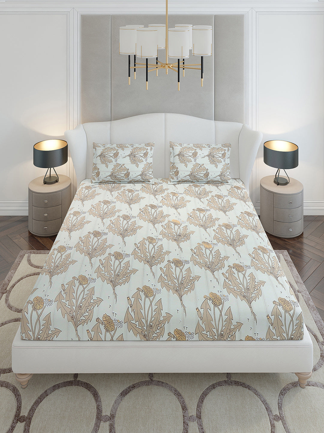 130 GSM Polyester King Size 1 Bedsheet with 2 Pillow Covers (Stanley Gold)