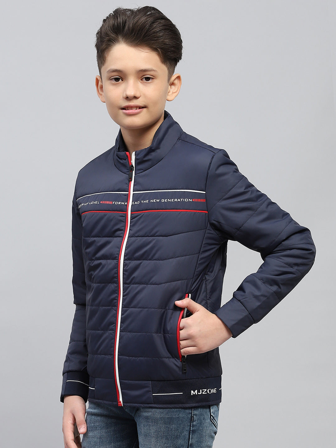 Boys Navy Blue Printed Mock Neck Full Sleeve Jacket