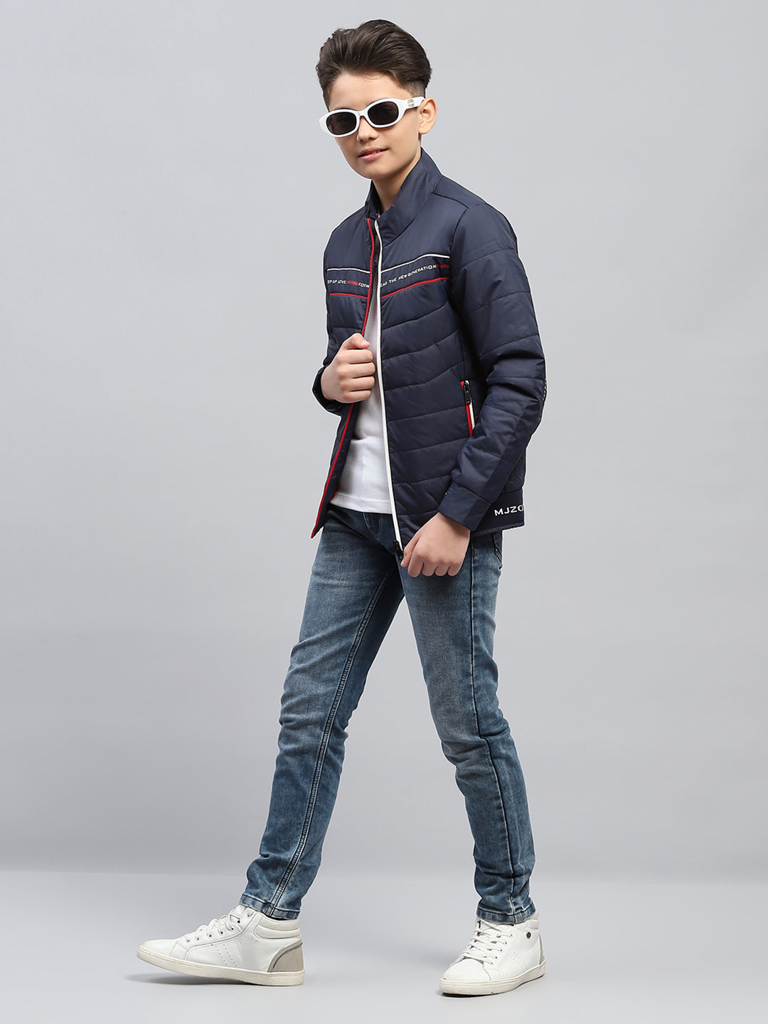 Boys Navy Blue Printed Mock Neck Full Sleeve Jacket