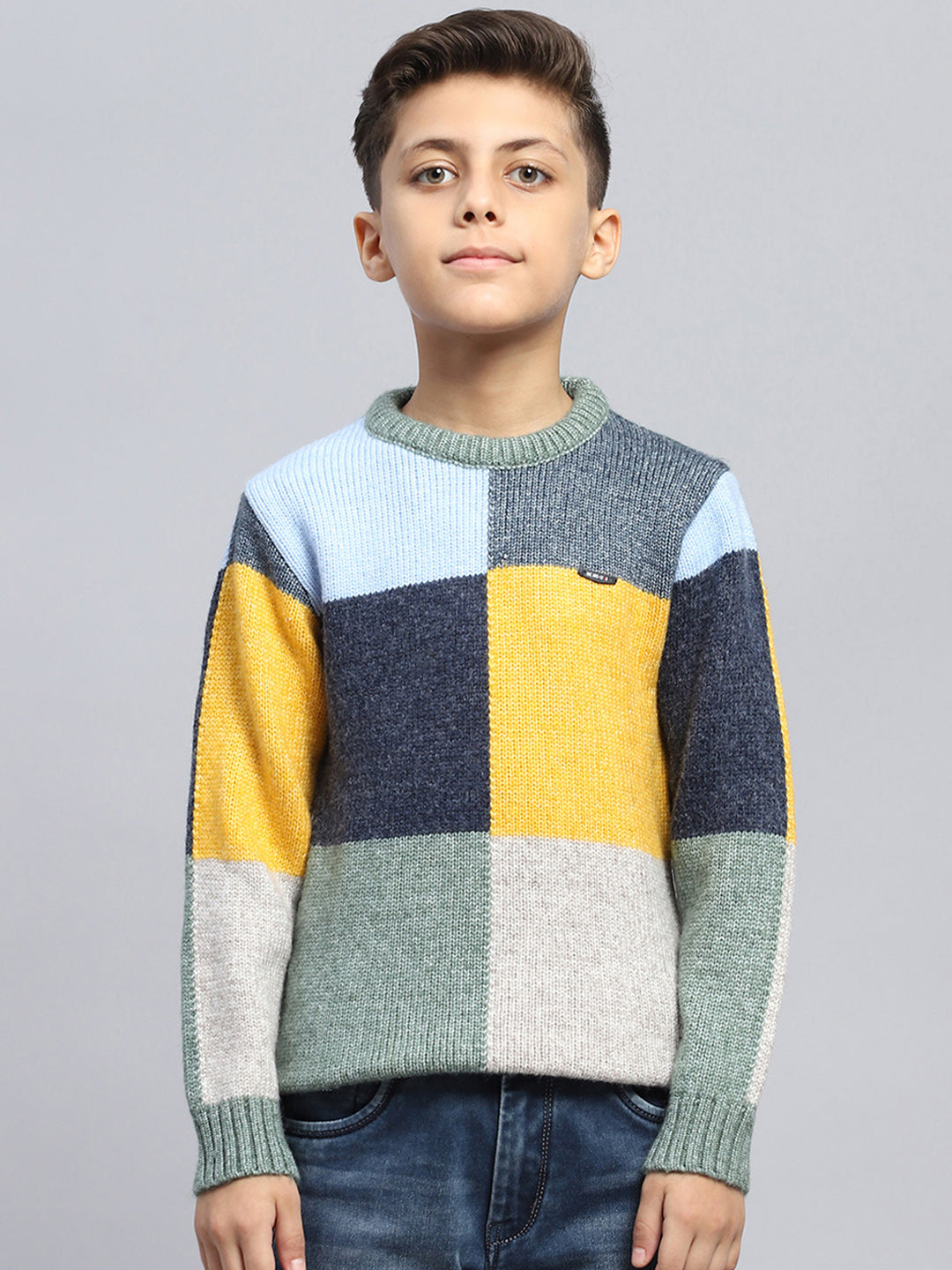 Boys Multicolor Self Design Round Neck Full Sleeve Pullover