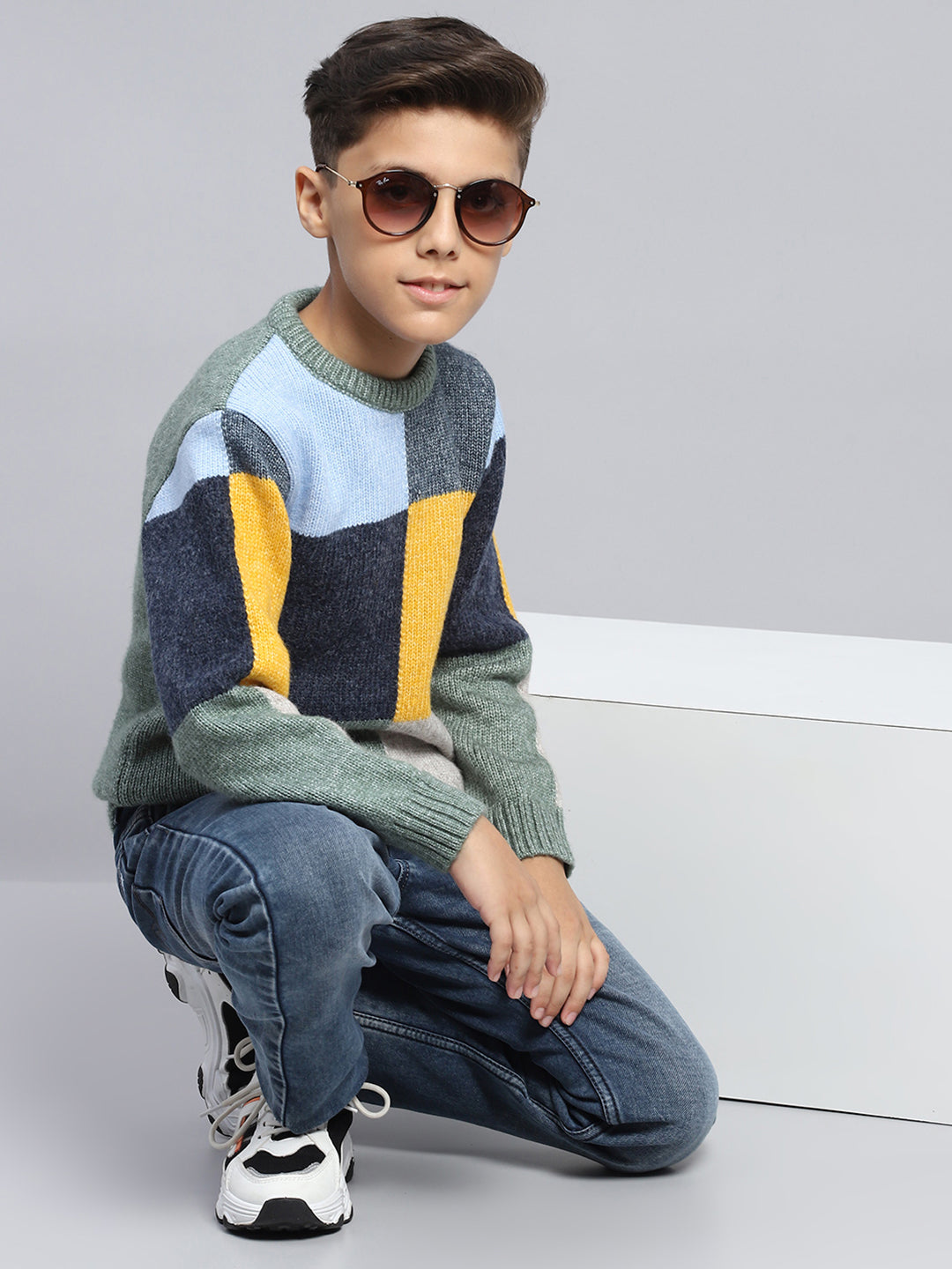 Boys Multicolor Self Design Round Neck Full Sleeve Pullover