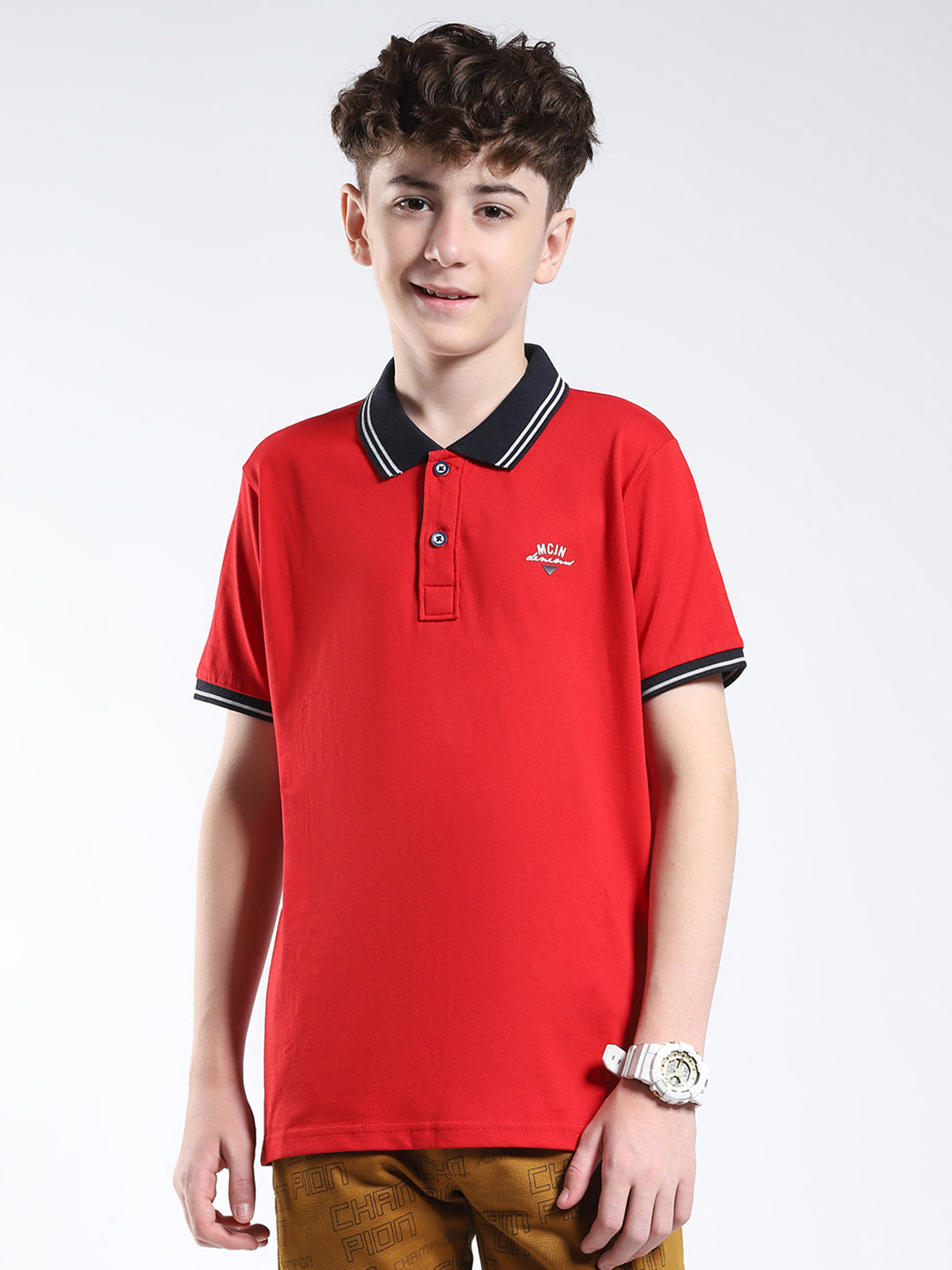 Boys Red Solid Collar Half Sleeve T-Shirt