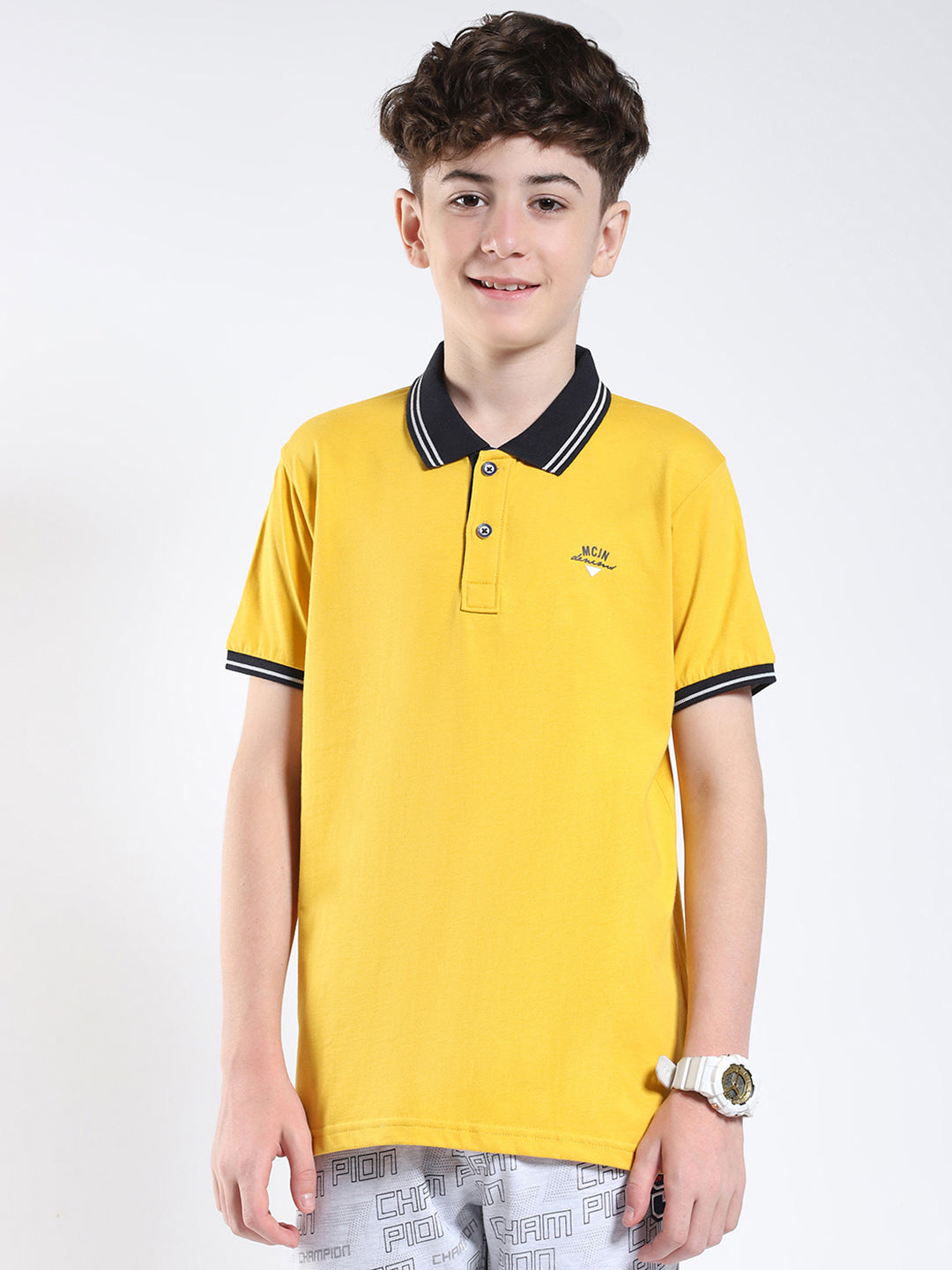 Boys Mustard Solid Collar Half Sleeve T-Shirt