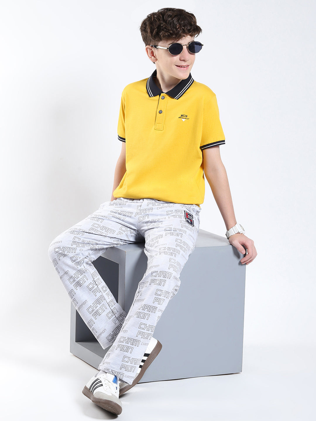 Boys Mustard Solid Collar Half Sleeve T-Shirt