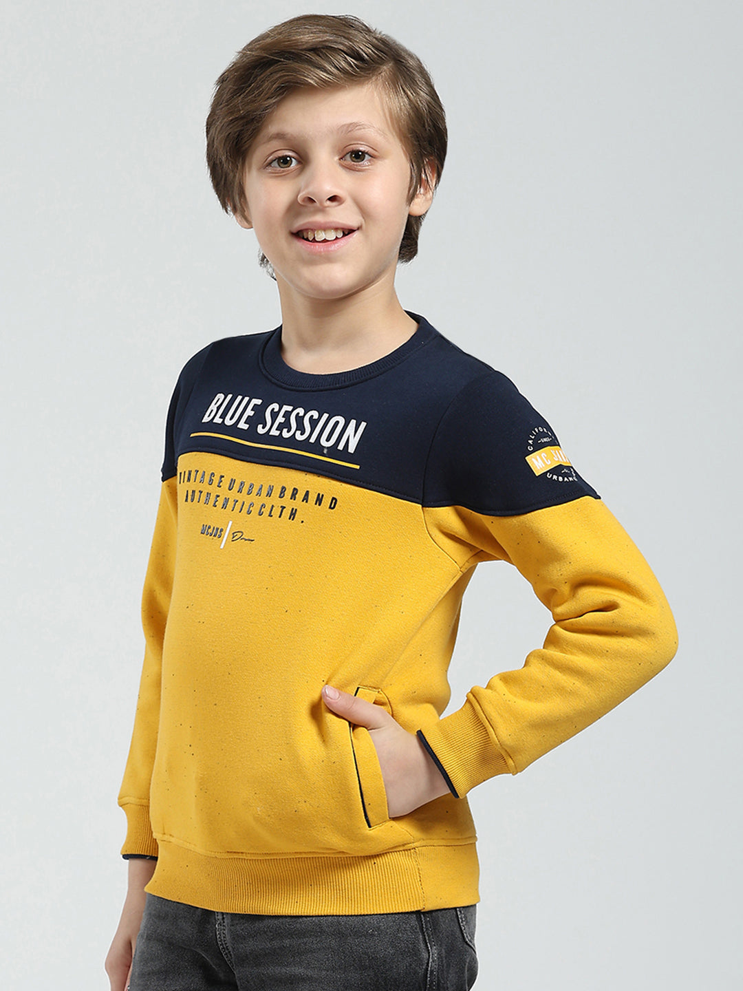 Boys Mustard Printed Round Neck Full Sleeve Sweatshirt