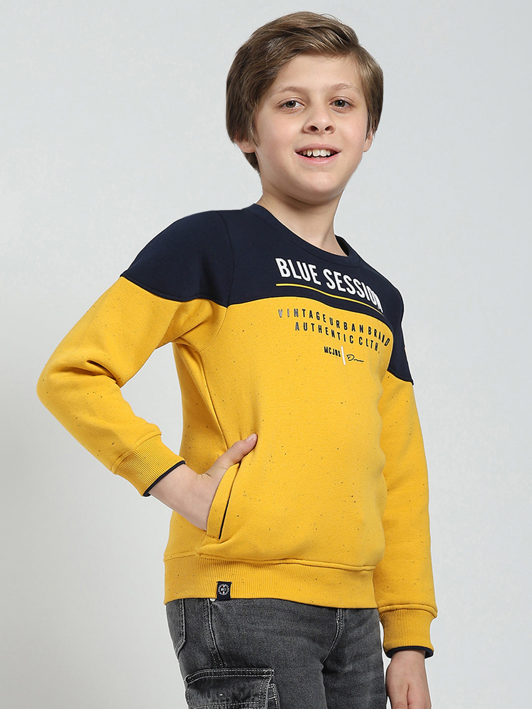 Boys Mustard Printed Round Neck Full Sleeve Sweatshirt