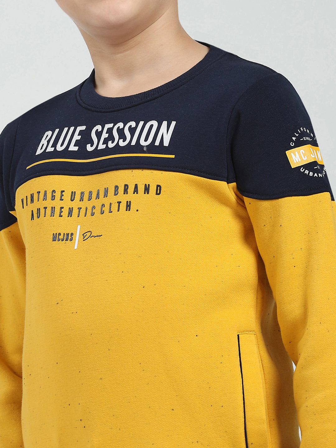 Boys Mustard Printed Round Neck Full Sleeve Sweatshirt