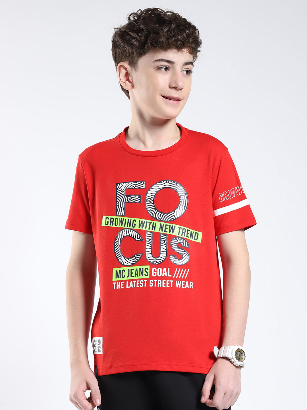 Boys Red Printed Round Neck Half Sleeve T-Shirt