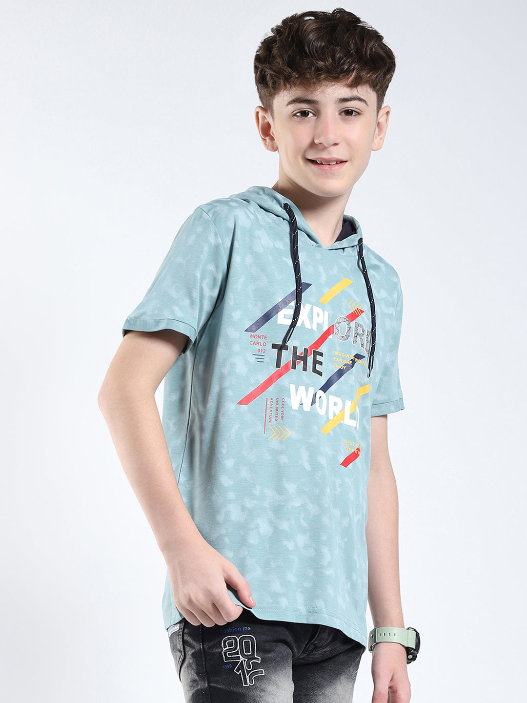 Boys Green Printed Hooded Half Sleeve T-Shirt