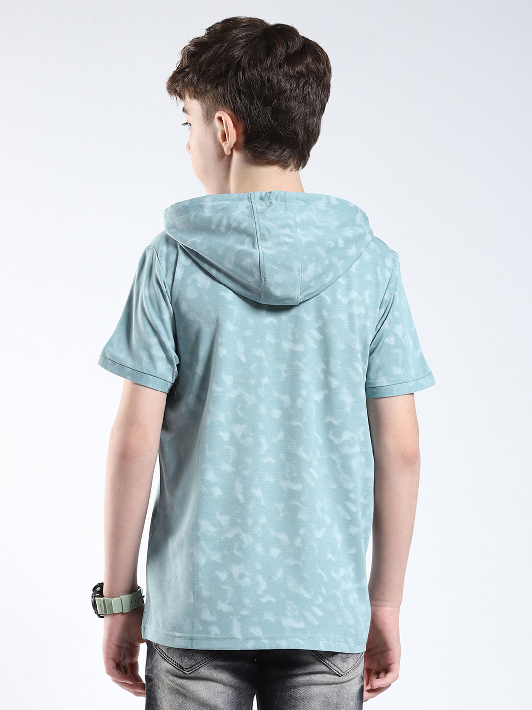 Boys Green Printed Hooded Half Sleeve T-Shirt