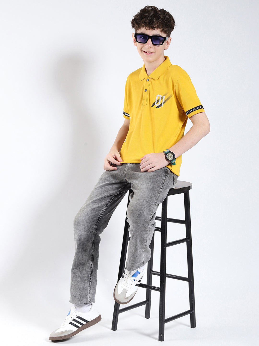 Boys Mustard Printed Collar Half Sleeve T-Shirt