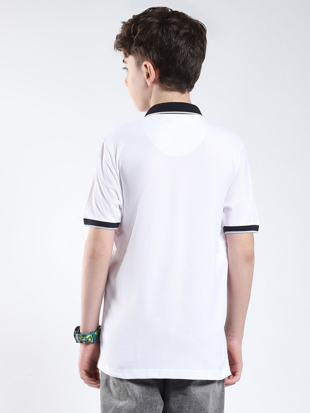 Boys White Printed Collar Half Sleeve T-Shirt