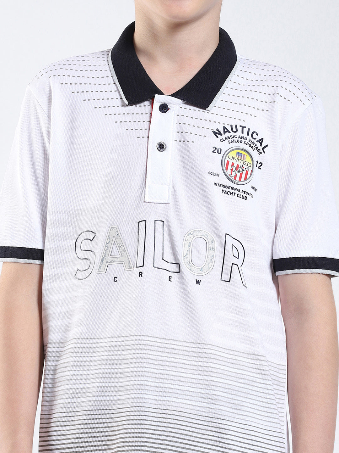 Boys White Printed Collar Half Sleeve T-Shirt